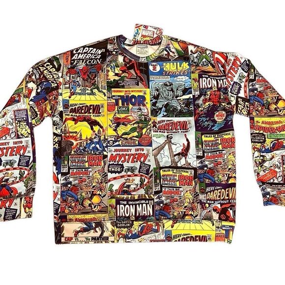 Marvel Men’s Sweatshirt All Over Print Comics Small (More Like Large) NEW w Tags - Picture 1 of 14